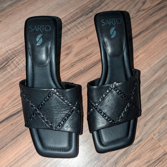 Sarto By Franco Sarto Black Leather Square Toe Sandal Heels Size 7. Women's 7. - Picture 1 of 6